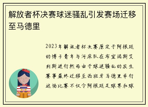 解放者杯决赛球迷骚乱引发赛场迁移至马德里