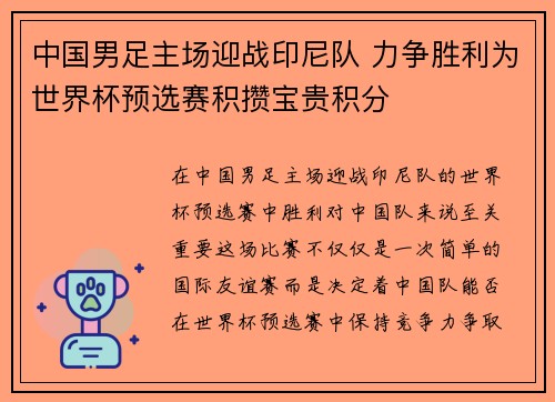 中国男足主场迎战印尼队 力争胜利为世界杯预选赛积攒宝贵积分